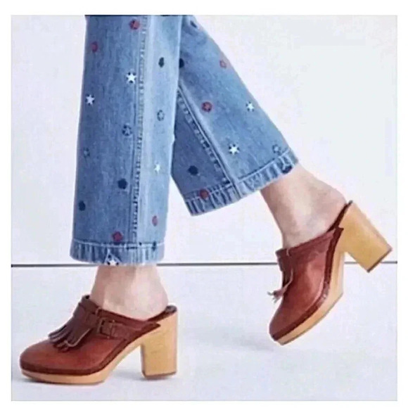 Madewell Kiltie Clogs Westway Wooden Heel Leather Fringe Tassel - Picture 3 of 16